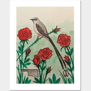 Oklahoma state bird and flower, the scissor-tailed flycatcher and rose Posters and Art